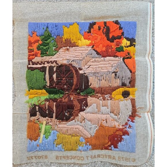 VTG 1978 Finished Needlepoint Artwork Country Mill Water Reflection 11" x 13" - Picture 7 of 7